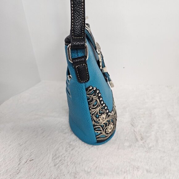 P&G Turquoise Faux Leather Western Bling Rhinestone Crossbody Bag - Picture 4 of 16